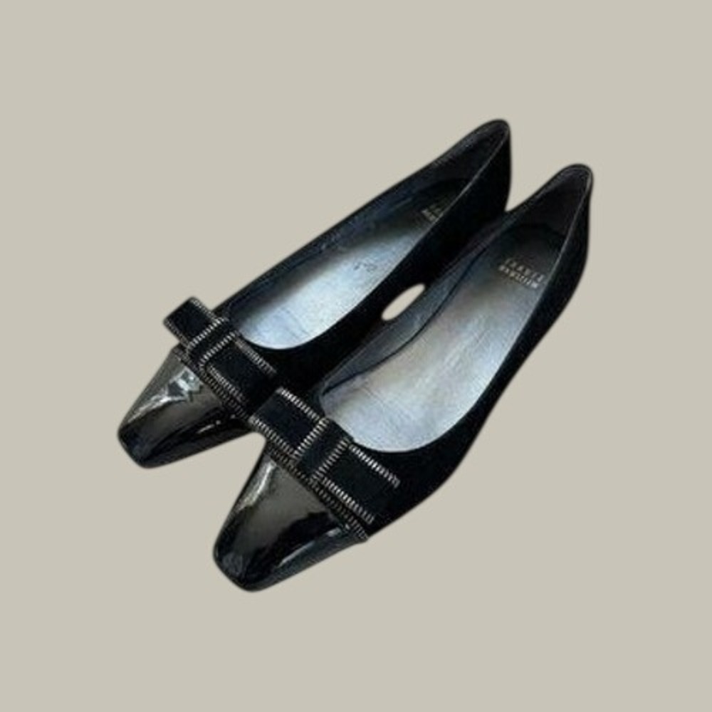 Stuart Weitzman Black Suede Patent Pointed Toe Zipper Bow Ballet Flats 8M Spain
